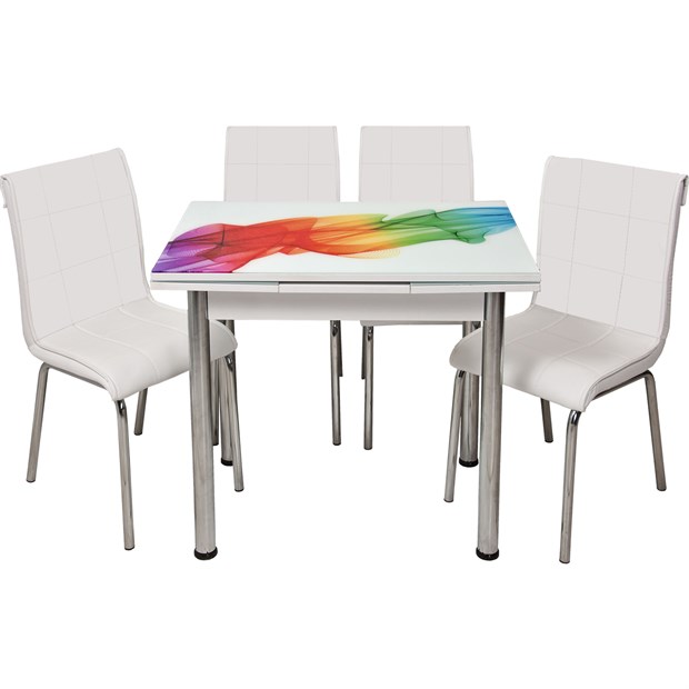 Gökkuşağı Cam Masa ve Beyaz Deri Sandalye Takımı